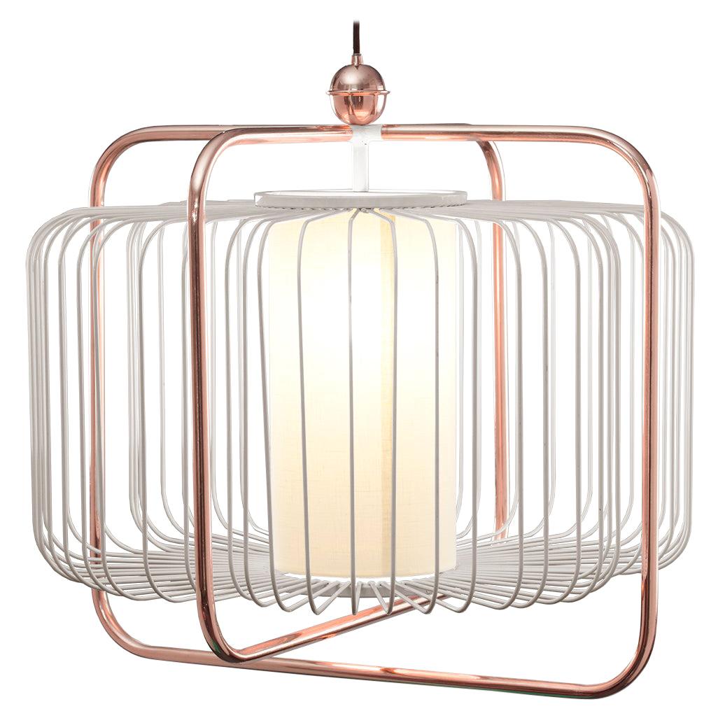 Lampe à suspension d'inspiration Art Déco contemporaine Jules I en cuivre, taupe et lin