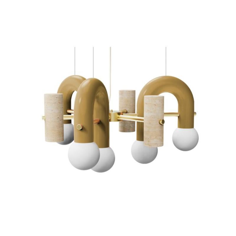 Contemporary Art Deco Inspired Pendant Lamp Pyppe 70 in Brass, Ivory Travertine For Sale 3