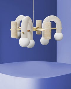 Contemporary Art Deco Inspired Pendant Pyppe 70 Brass, Lilac & Travertine by UTU