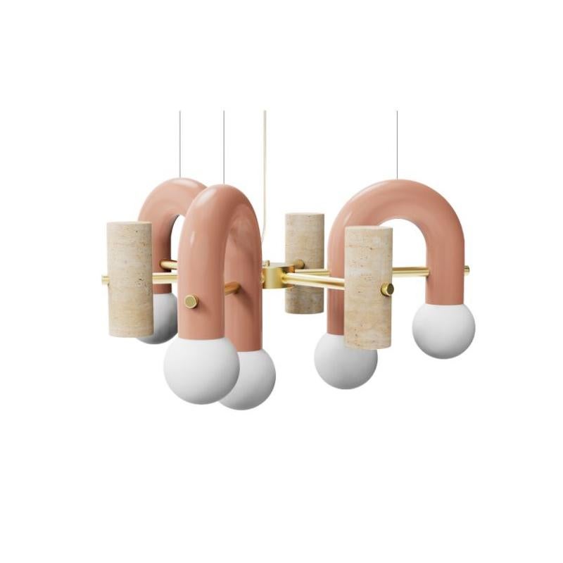 Lacquered Contemporary Art Deco Inspired Pendant Pyppe 70 Brass, Lilac & Travertine by UTU For Sale