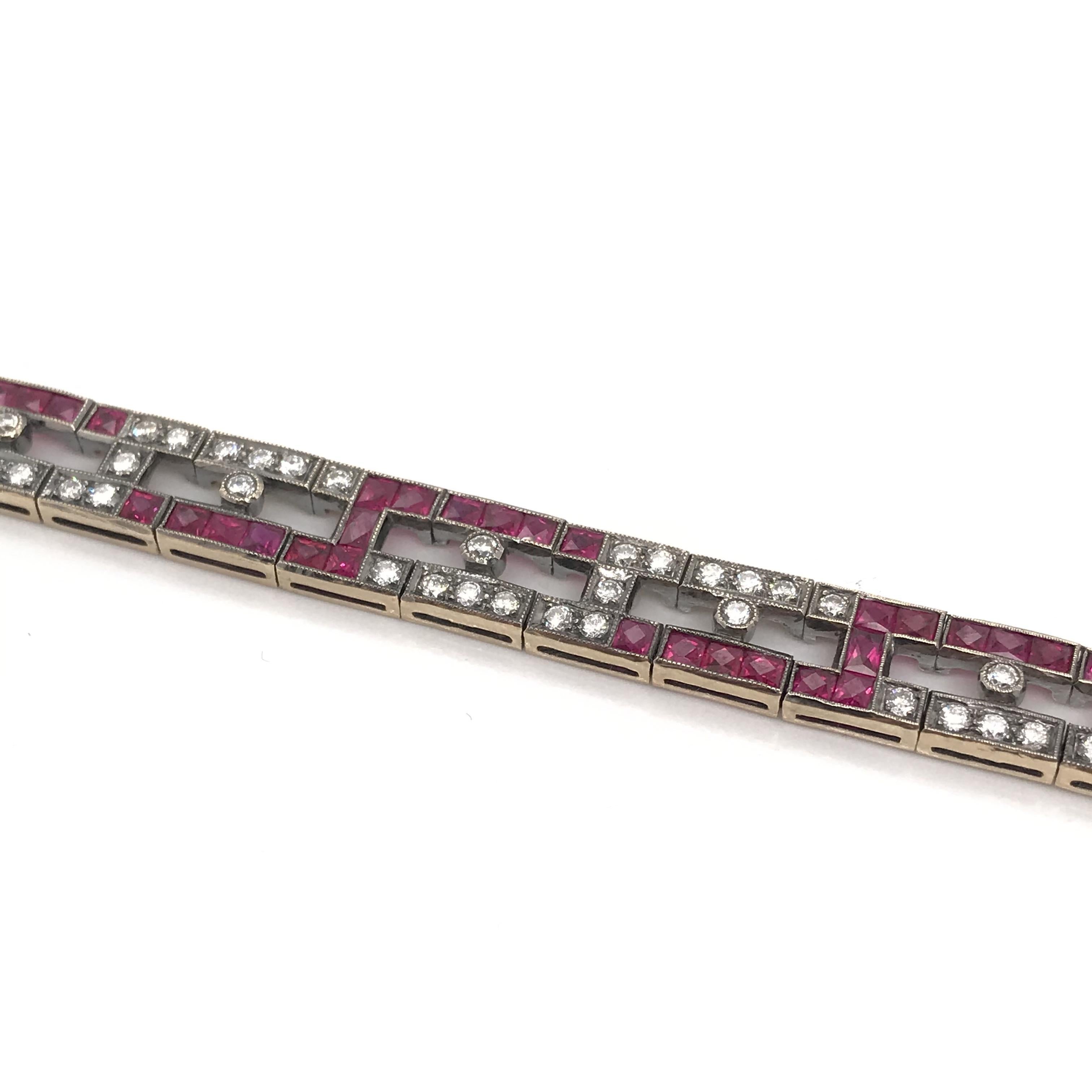 Round Cut Contemporary Art Deco Inspired Ruby and Diamond Bracelet For Sale