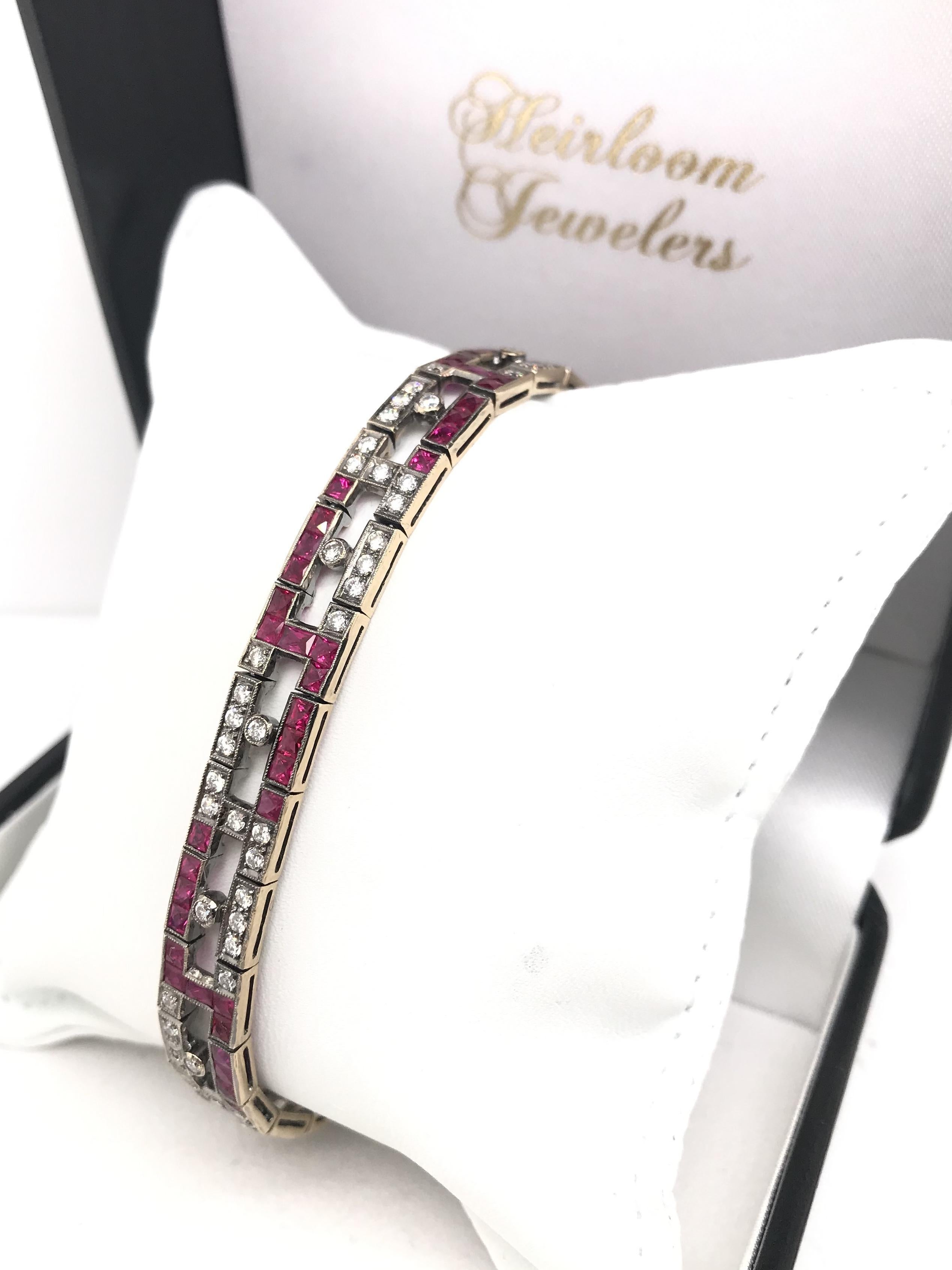 Contemporary Art Deco Inspired Ruby and Diamond Bracelet In Excellent Condition For Sale In Montgomery, AL