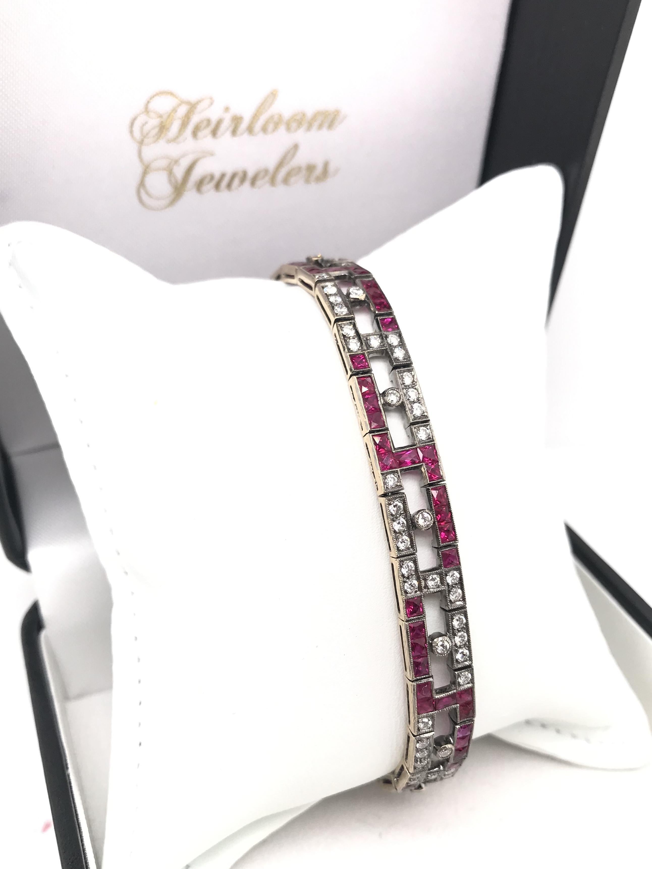 Women's Contemporary Art Deco Inspired Ruby and Diamond Bracelet For Sale