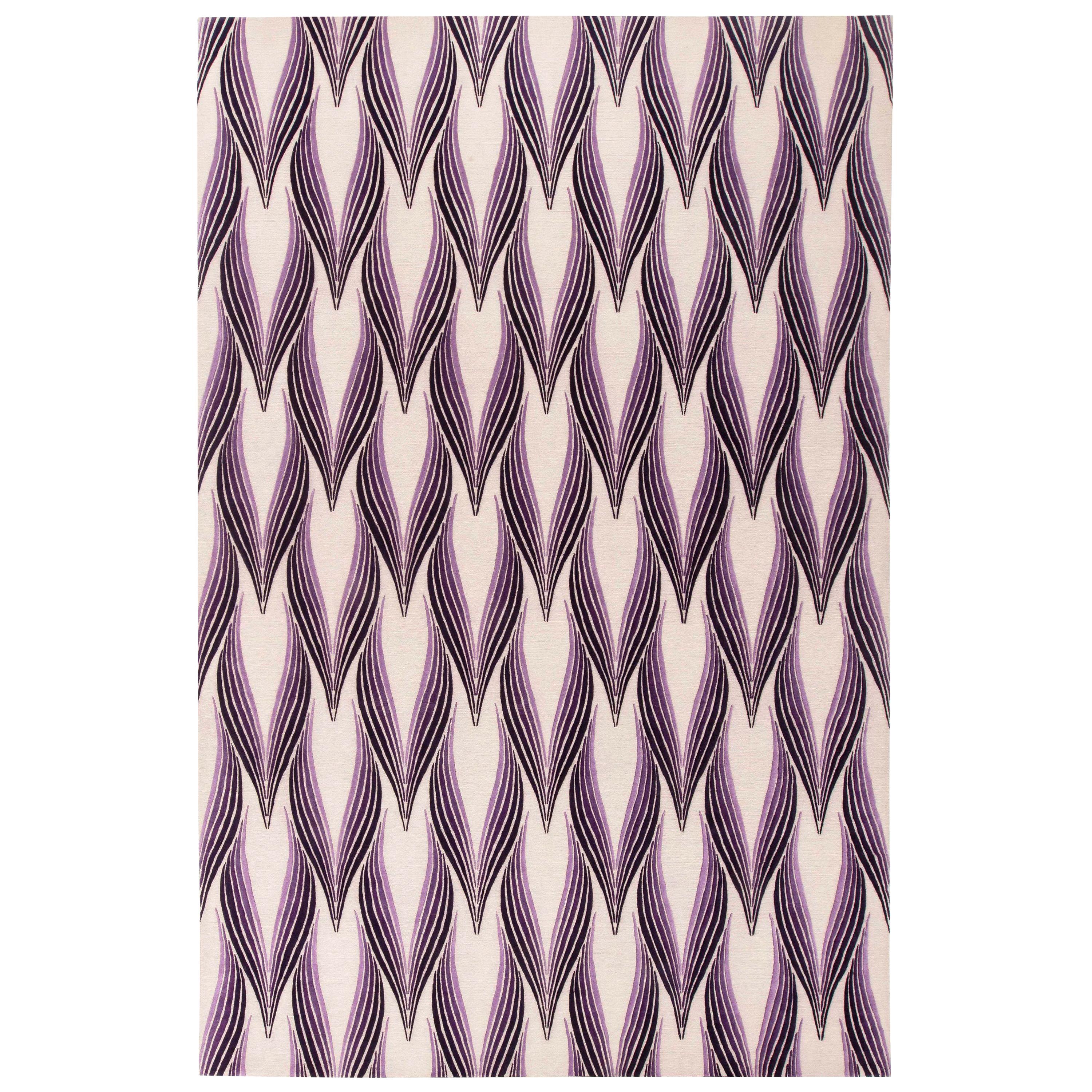 Contemporary Art Deco Inspired Tibetan Rug in Gray, Violet, and Black
