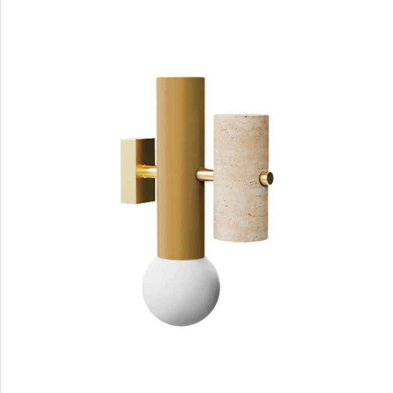 Portuguese Contemporary Art Deco inspired Wall Lamp Pyppe Taupe, Travertine, Polished Brass For Sale