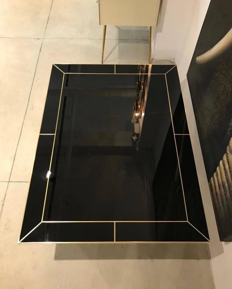 Hand-Crafted Contemporary Art Deco Italian Black Glass and Brass Coffee Table on Curved Legs