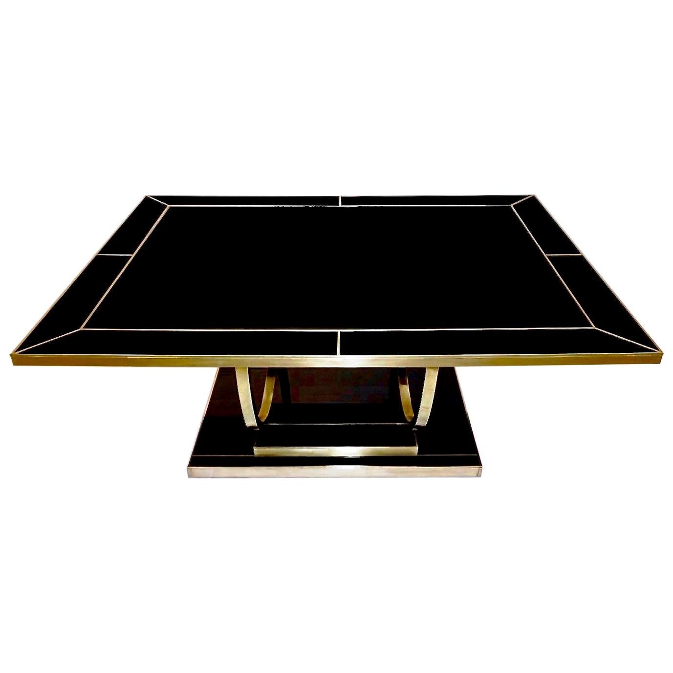 Contemporary Art Deco Italian Black Glass and Brass Coffee Table on Curved Legs