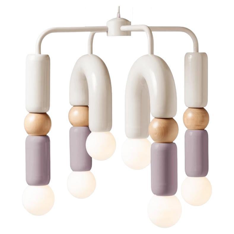 Lampe à suspension Art Déco contemporaine Play IV en ivoire, lilas et chêne naturel par UTU