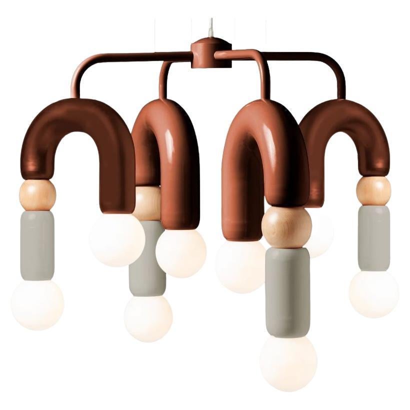 Lampe à suspension Art Déco contemporaine Play V en cuivre, taupe et chêne naturel par UTU