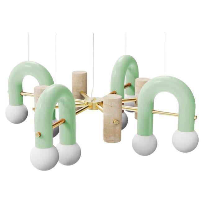 Zeitgenössische Art-Déco-Pendelleuchte Pyppe 100 aus poliertem Messing, Taupe, Travertin von UTU (Portugiesisch) im Angebot