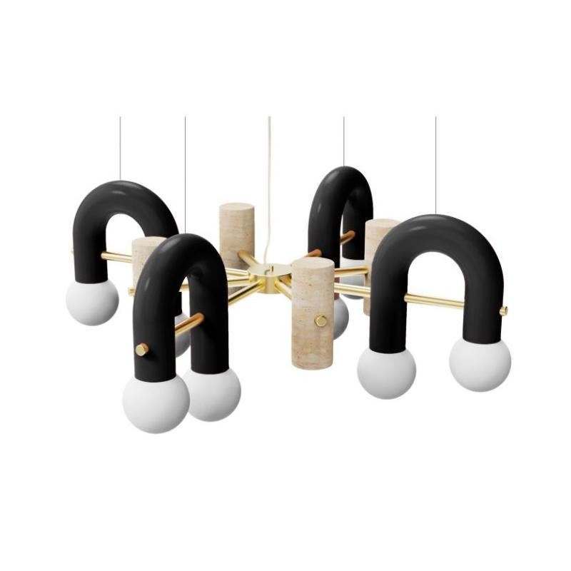 Zeitgenössische Art-Déco-Pendelleuchte Pyppe 100 aus poliertem Messing, Taupe, Travertin von UTU (21. Jahrhundert und zeitgenössisch) im Angebot
