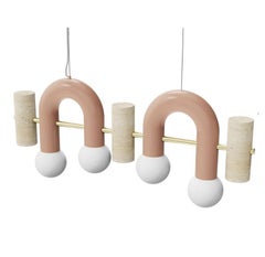 Contemporary Art Deco Pendant Lamp Pyppe Flat Brass, Salmon Pink and Travertine