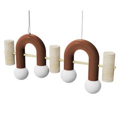 Contemporary Art Deco Pendant Lamp Pyppe Flat in Brass, Gold color, Travertine