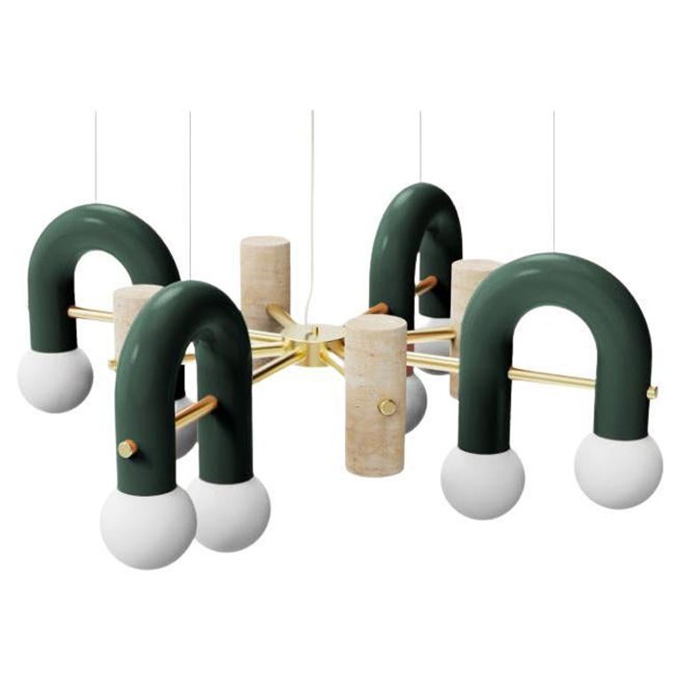 Lampe à suspension Art Déco contemporaine Pyppe 100 en laiton, vert forêt, travertin par UTU