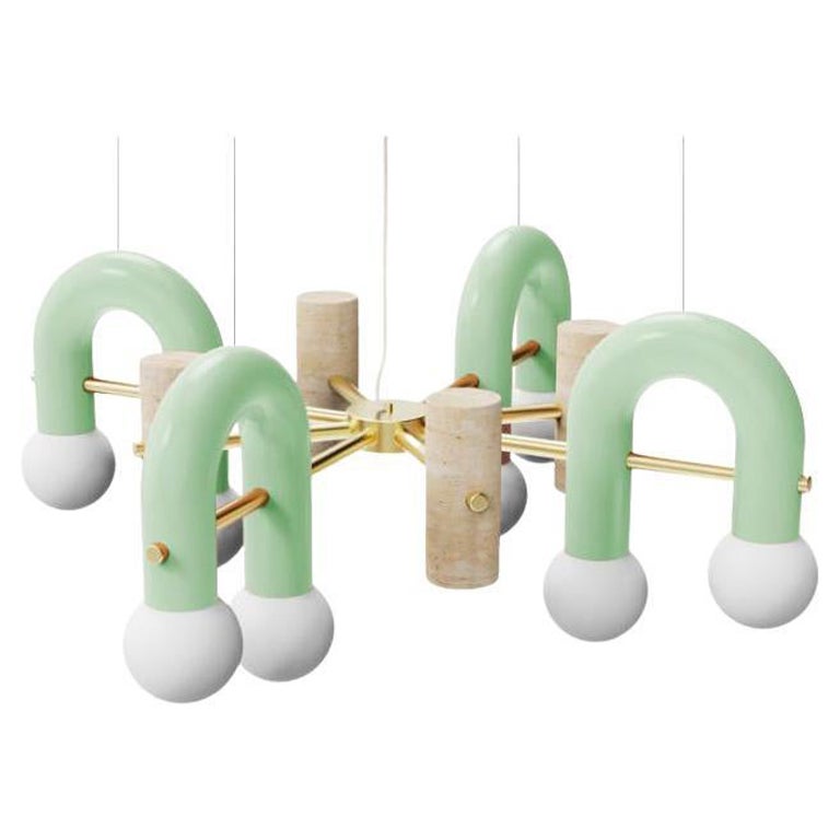 Lampe à suspension Art déco contemporaine Pyppe 100 en laiton, vert rêve, travertin par UTU en vente