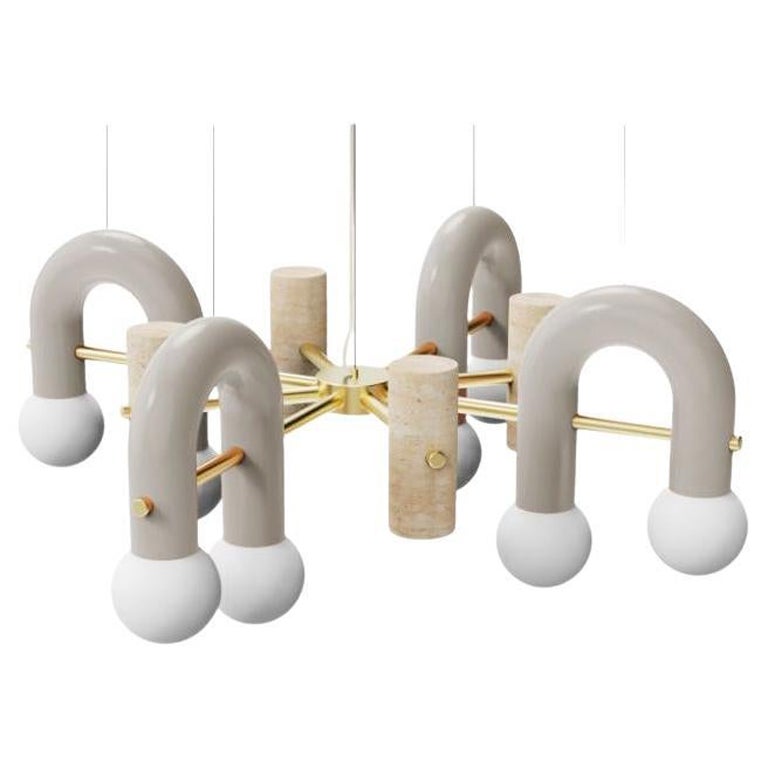 Lampe à suspension Art déco contemporaine Pyppe 100 en laiton poli, taupe et travertin par UTU