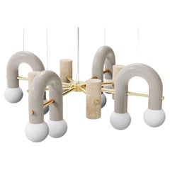 Lampe à suspension Art déco contemporaine Pyppe 100 en laiton poli, taupe et travertin par UTU