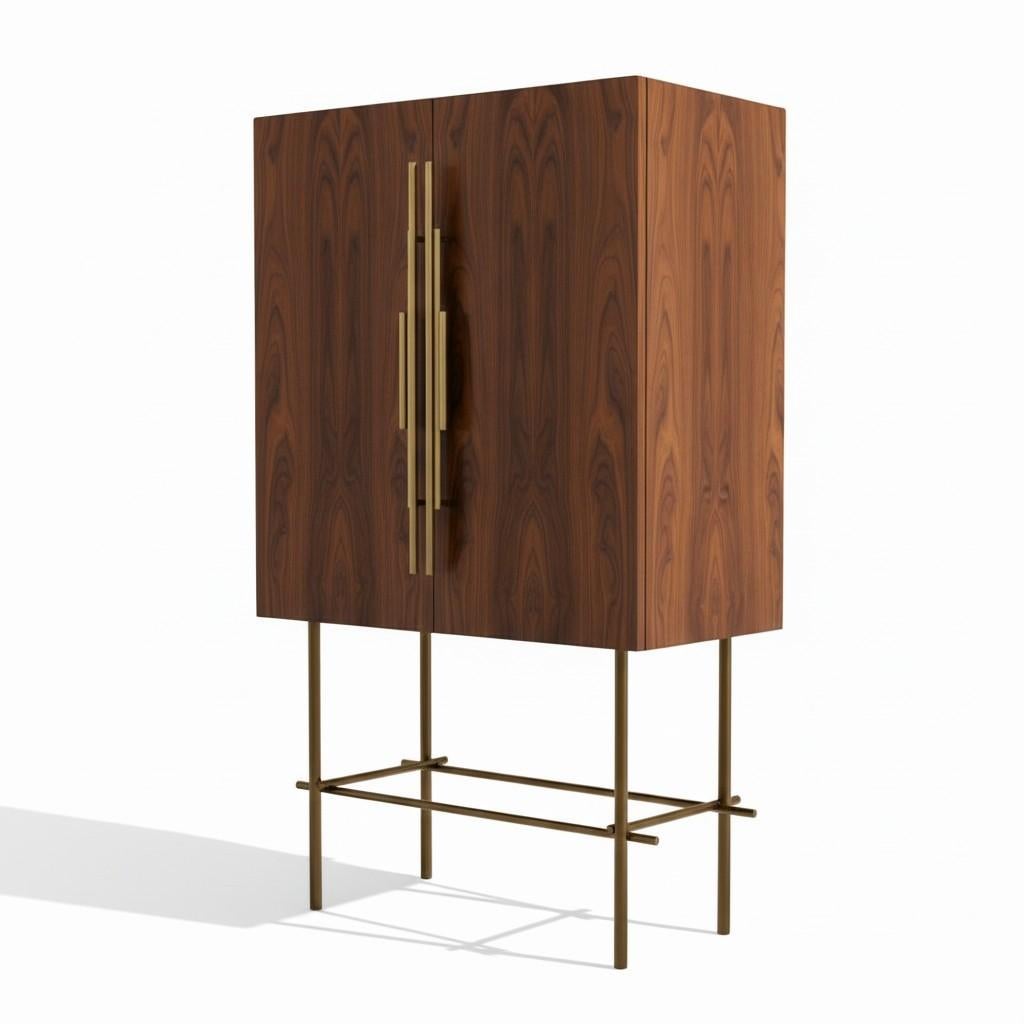 Un mobile bar moderno ed elegante, dalla forma rettangolare e verticale con due ante ad apertura frontale. Il mobile è proposto con un'impiallacciatura in noce che mette in risalto la geometria pulita del mobile. L'elemento più caratteristico è il