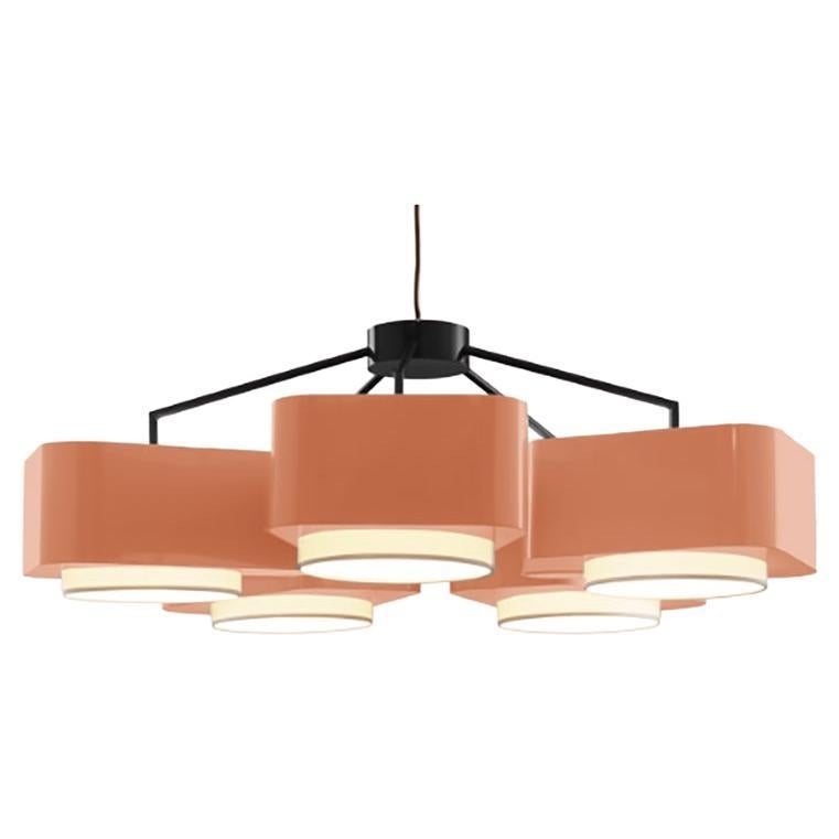 Lampe à suspension Art Déco contemporaine à 5 bras couleur saumon, rose et noir, par UTU
