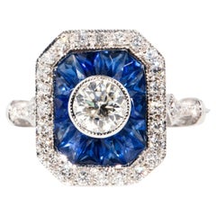 Contemporary Art Deco Sapphire and 0.82 Carat Diamond Ring 18 Carat White Gold