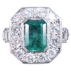 Contemporary Art Deco Style 1.00ct Emerald and Diamond Cluster Ring in Platinum