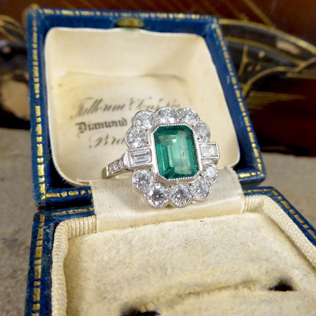 Contemporary Art Deco Style 1.62ct Emerald and Diamond Cluster Ring in Platinum 5