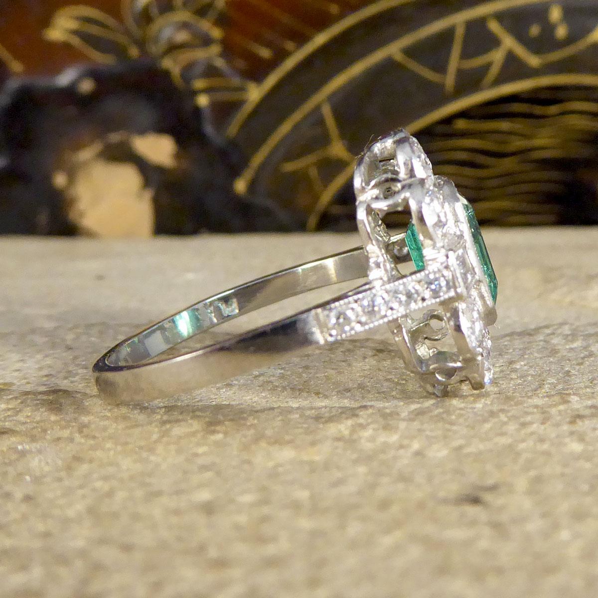 Emerald Cut Contemporary Art Deco Style 1.62ct Emerald and Diamond Cluster Ring in Platinum
