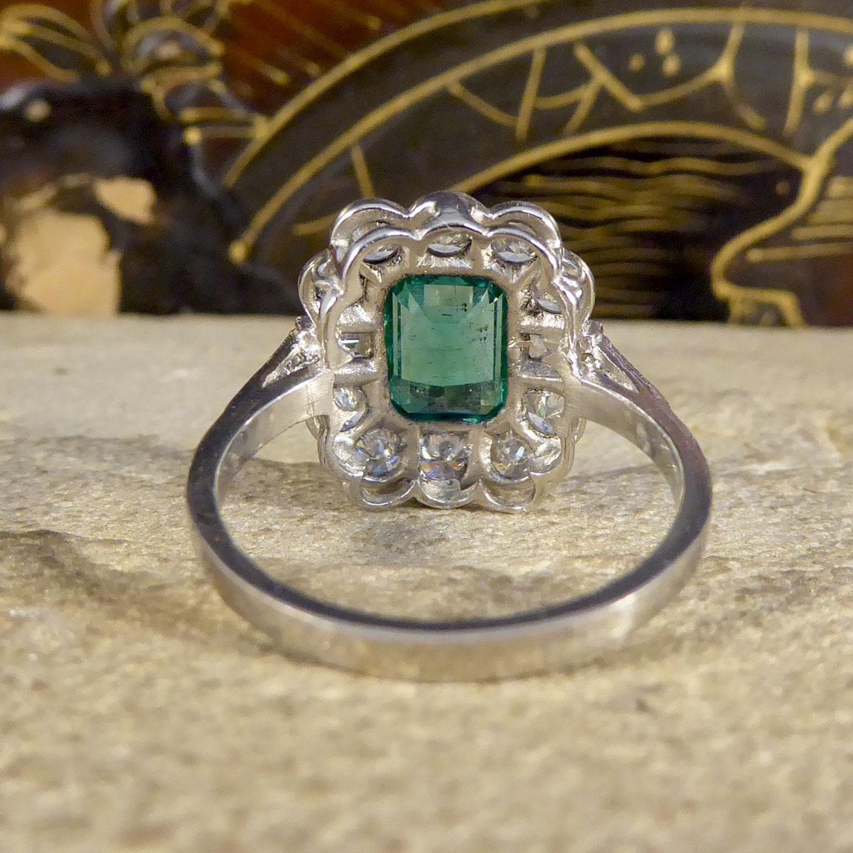 Contemporary Art Deco Style 1.62ct Emerald and Diamond Cluster Ring in Platinum In Good Condition In Yorkshire, West Yorkshire