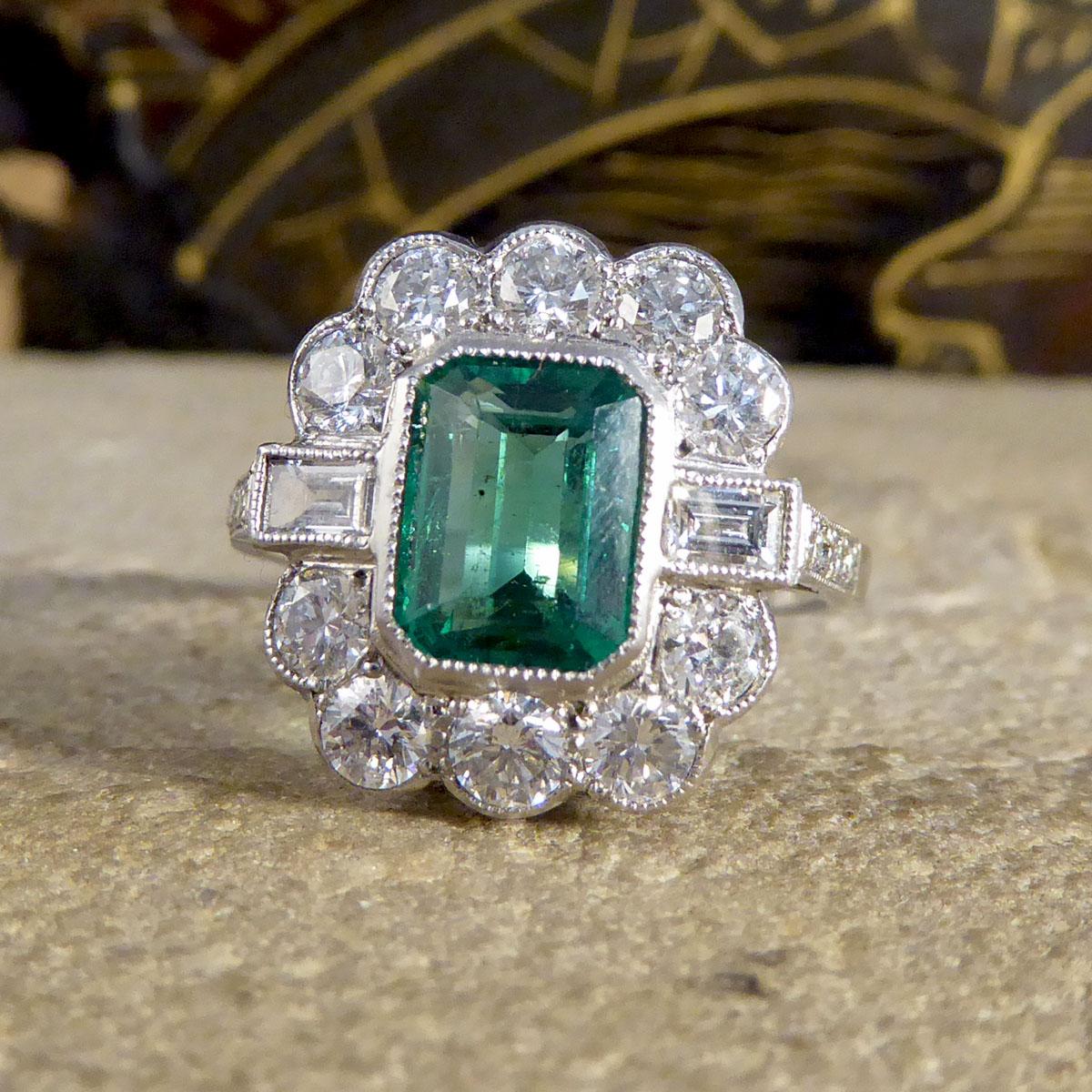 Women's or Men's Contemporary Art Deco Style 1.62ct Emerald and Diamond Cluster Ring in Platinum