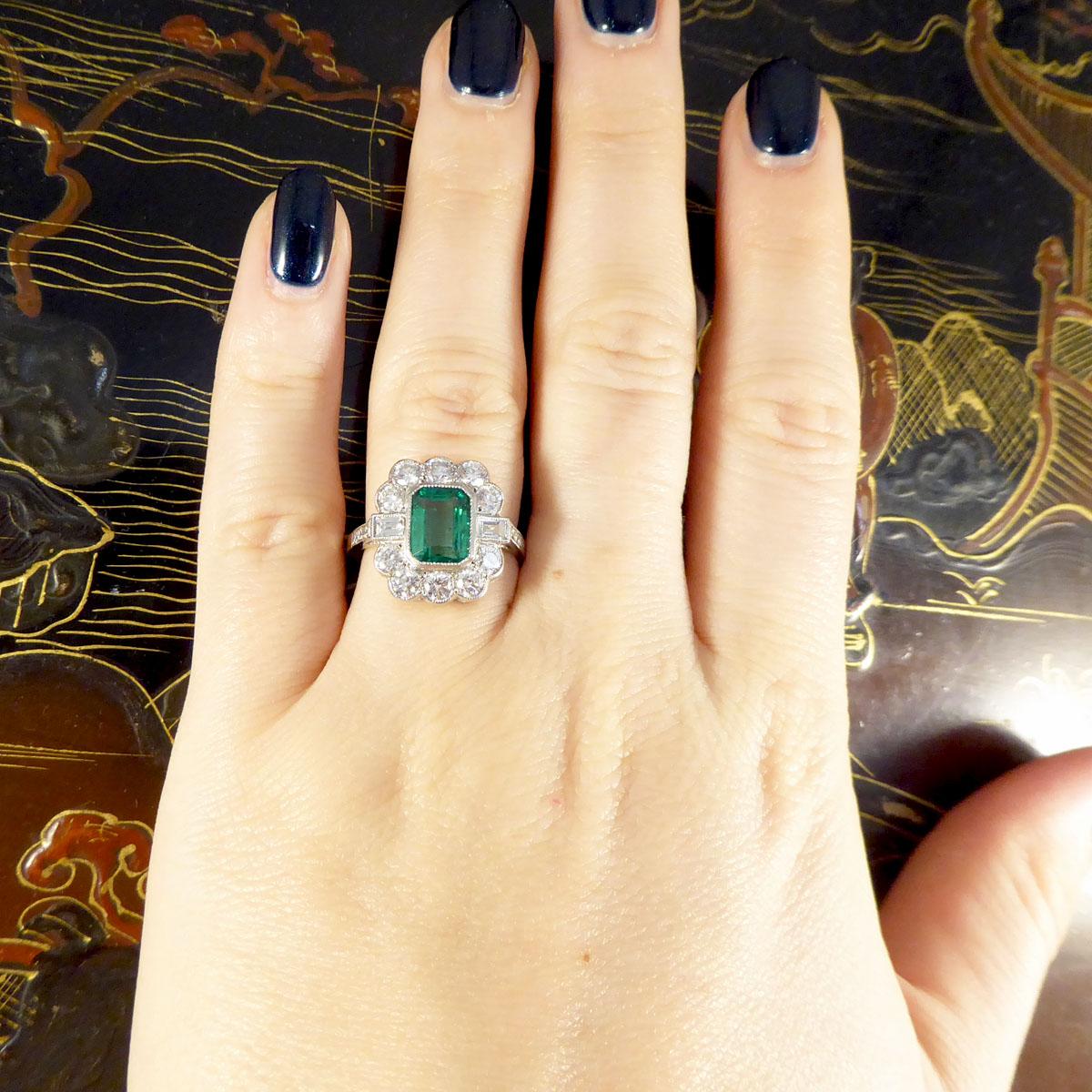 Contemporary Art Deco Style 1.62ct Emerald and Diamond Cluster Ring in Platinum 2