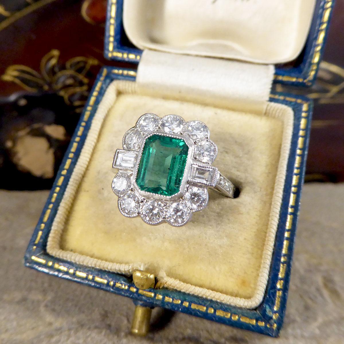 Contemporary Art Deco Style 1.62ct Emerald and Diamond Cluster Ring in Platinum 3