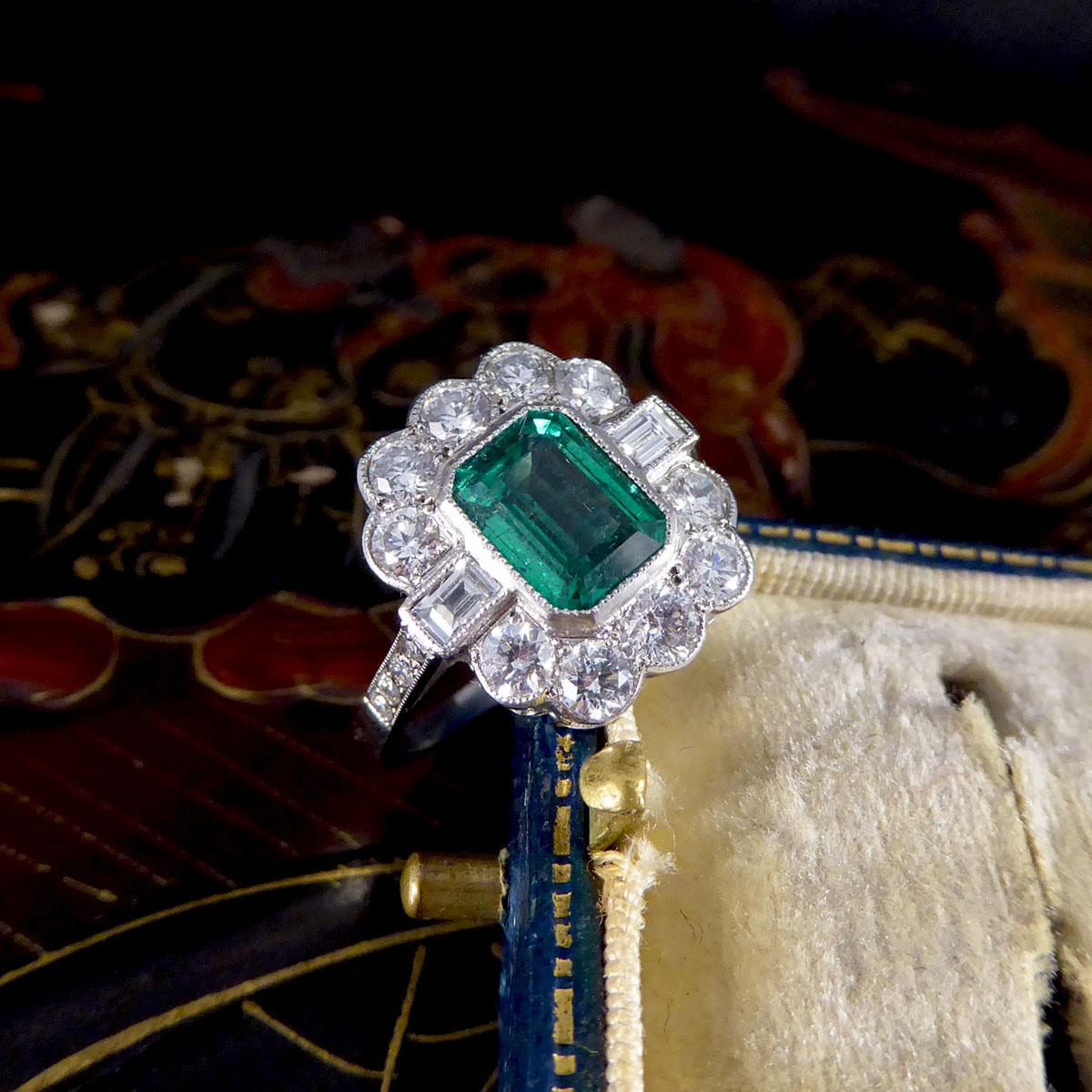 Contemporary Art Deco Style 1.62ct Emerald and Diamond Cluster Ring in Platinum 4
