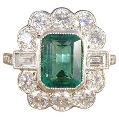 Contemporary Art Deco Style 1.62ct Emerald and Diamond Cluster Ring in Platinum