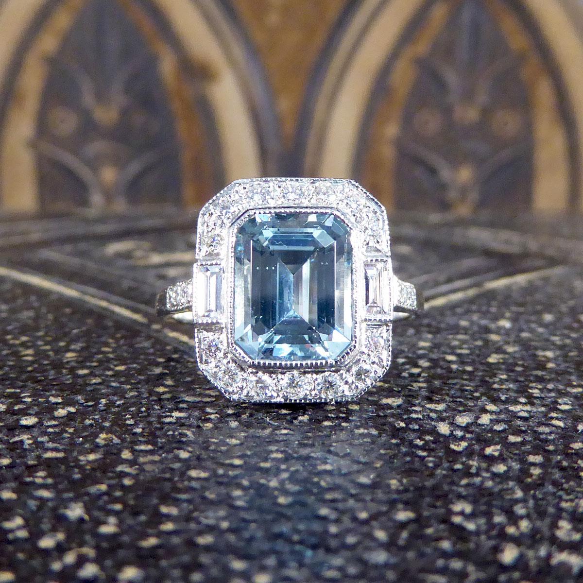 Contemporary Art Deco Style 2.10ct Aquamarine and Diamond Cluster Ring in Plat 5