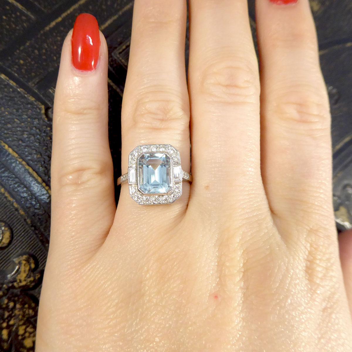 Contemporary Art Deco Style 2.10ct Aquamarine and Diamond Cluster Ring in Plat 2