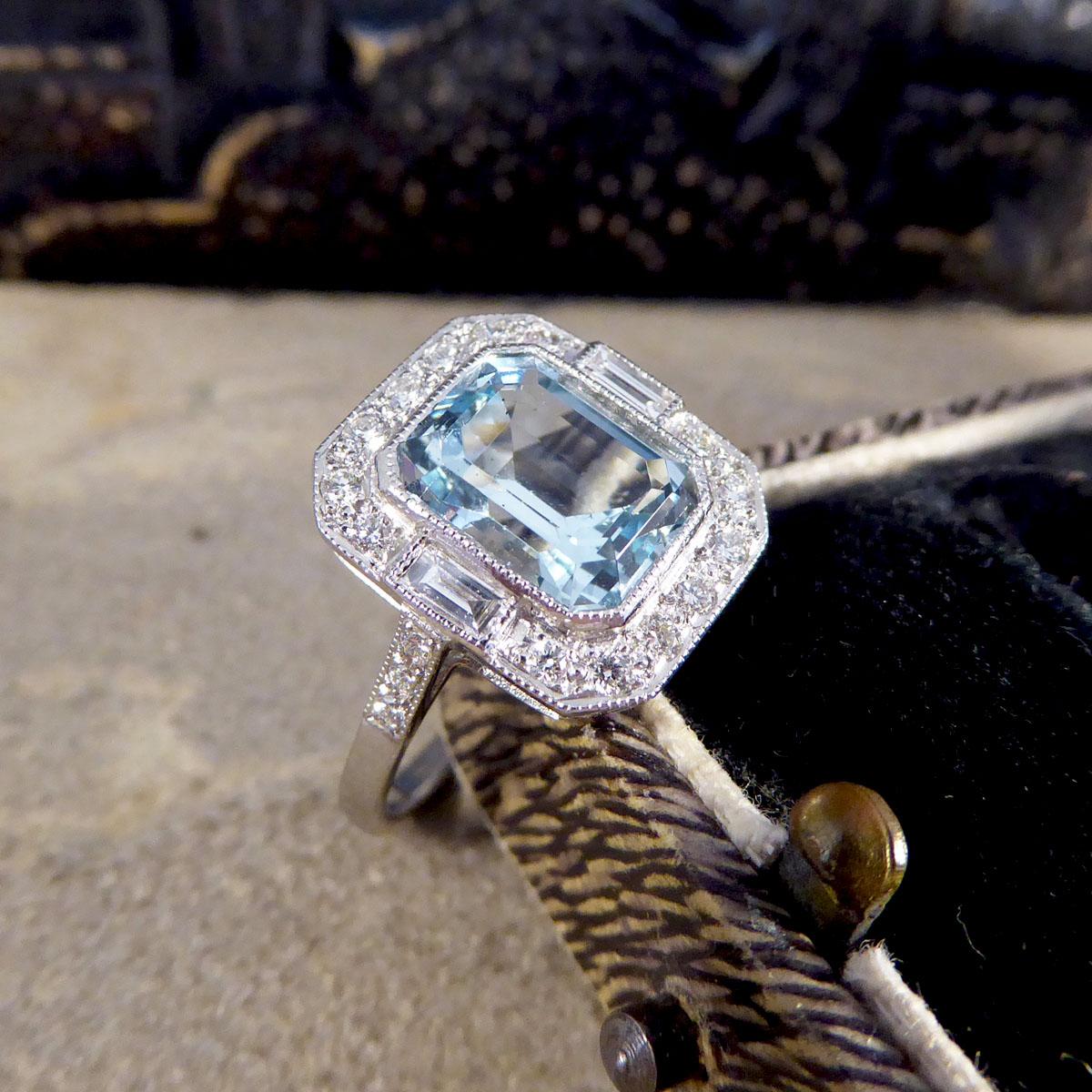 Contemporary Art Deco Style 2.10ct Aquamarine and Diamond Cluster Ring in Plat 4