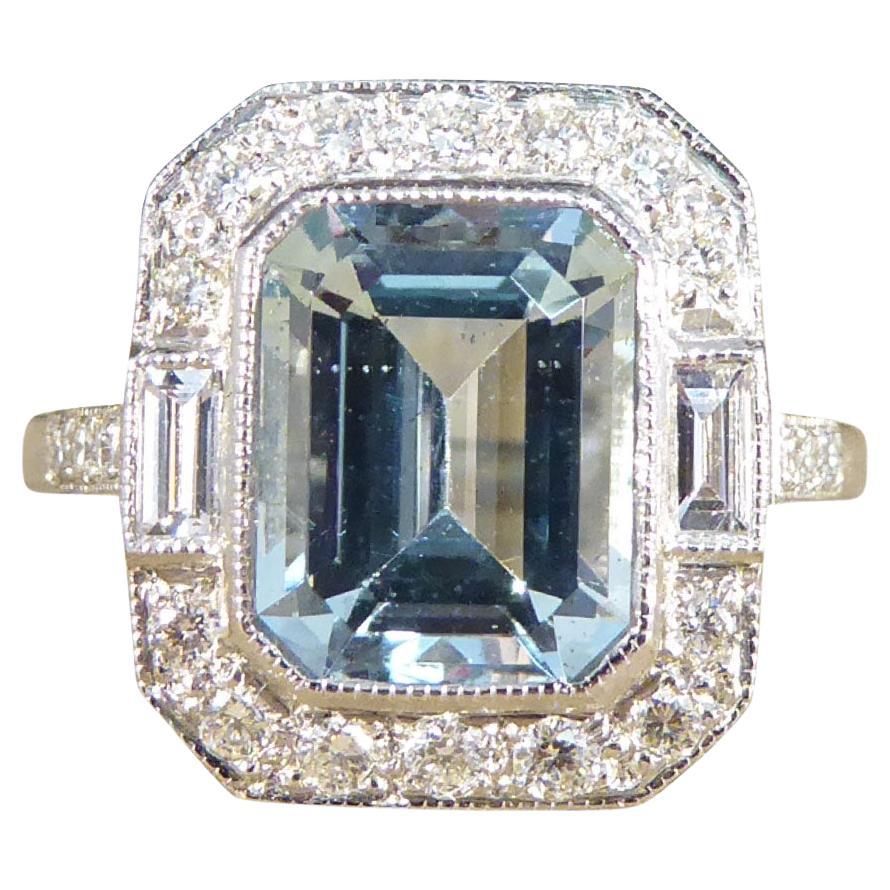 Contemporary Art Deco Style 2.10ct Aquamarine and Diamond Cluster Ring in Plat