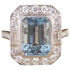 Contemporary Art Deco Style 2.20ct Aquamarine & Diamond Cluster Ring in Platinum