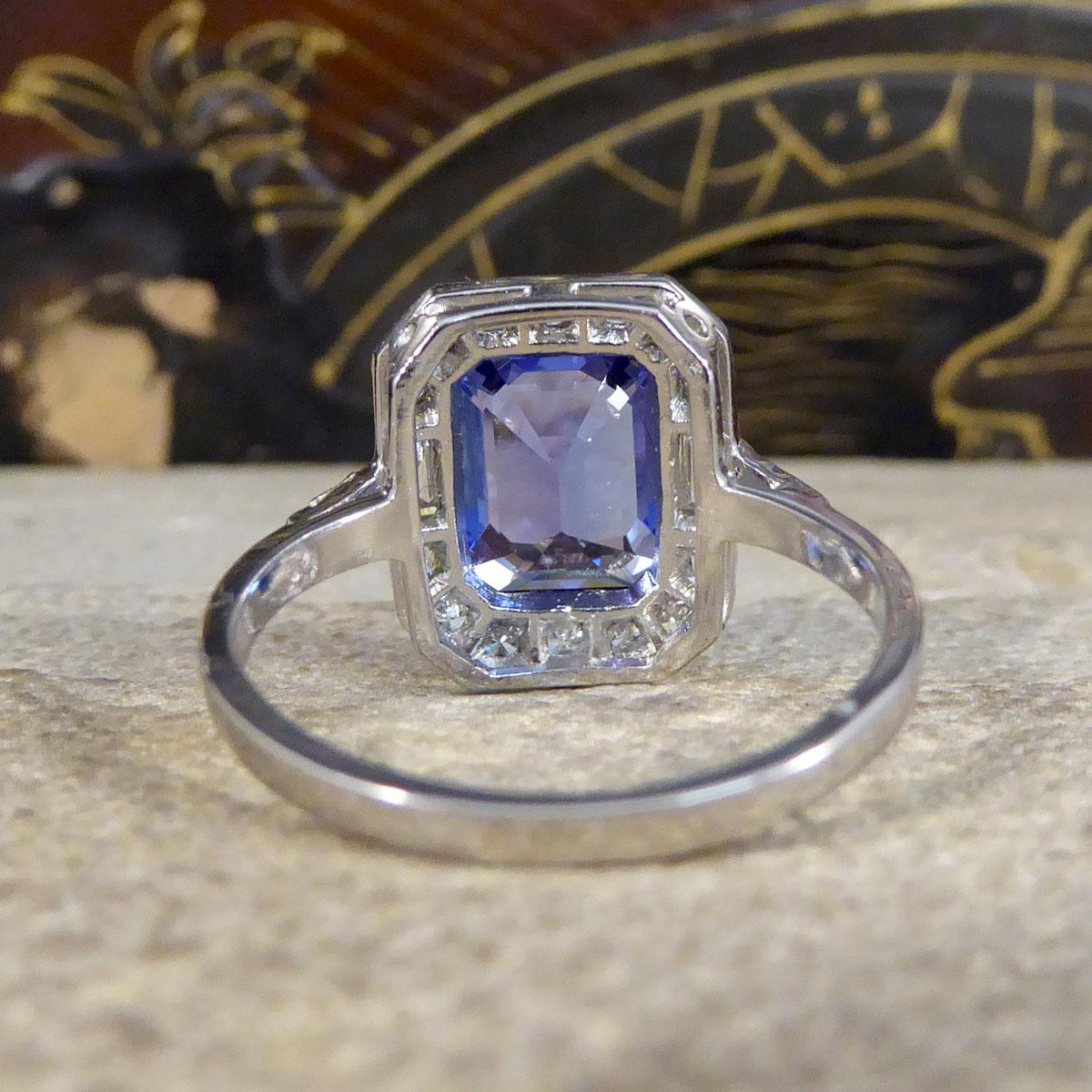 Emerald Cut Contemporary Art Deco Style 2.20ct Tanzanite and Diamond Cluster Ring in Plat