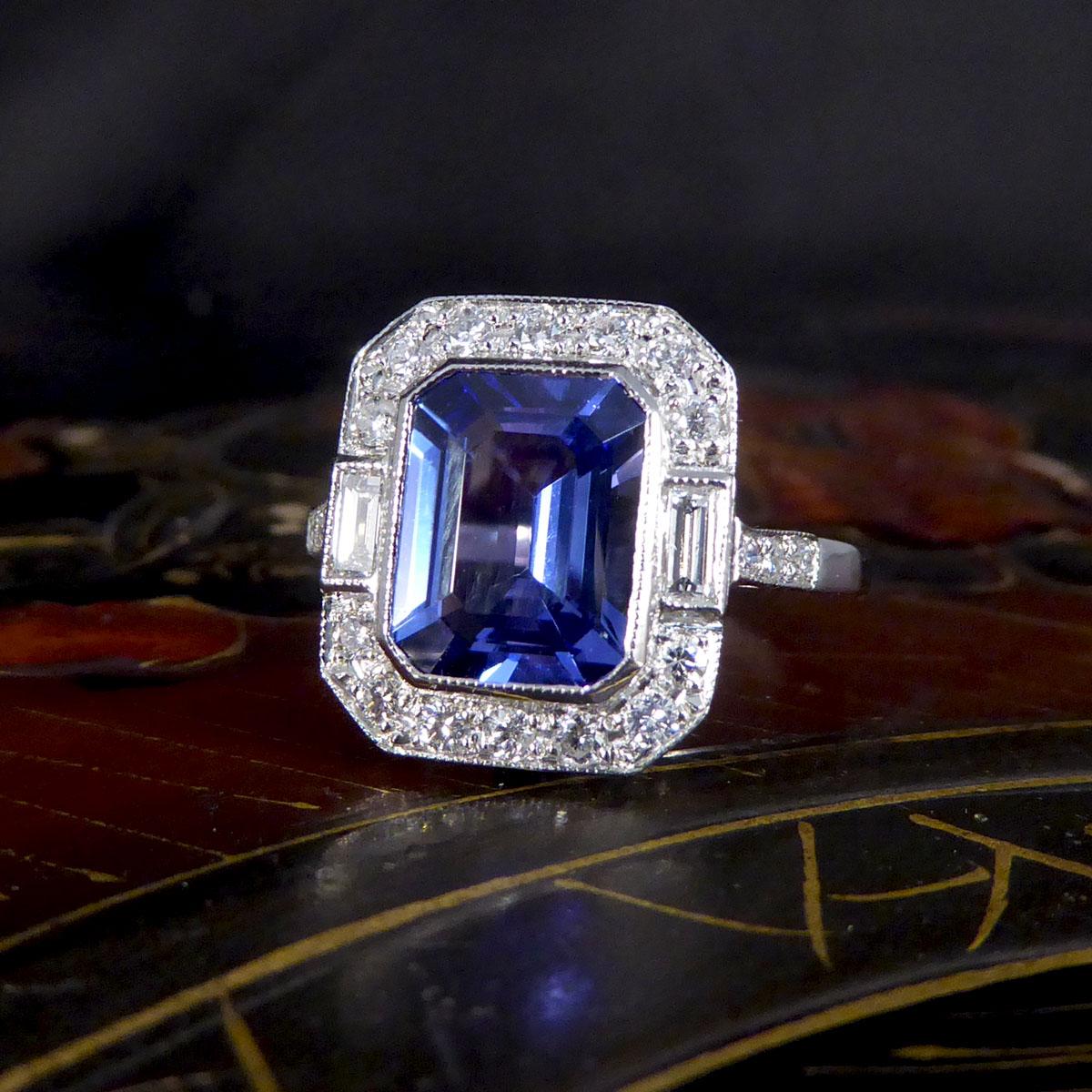 Contemporary Art Deco Style 2.20ct Tanzanite and Diamond Cluster Ring in Plat 1