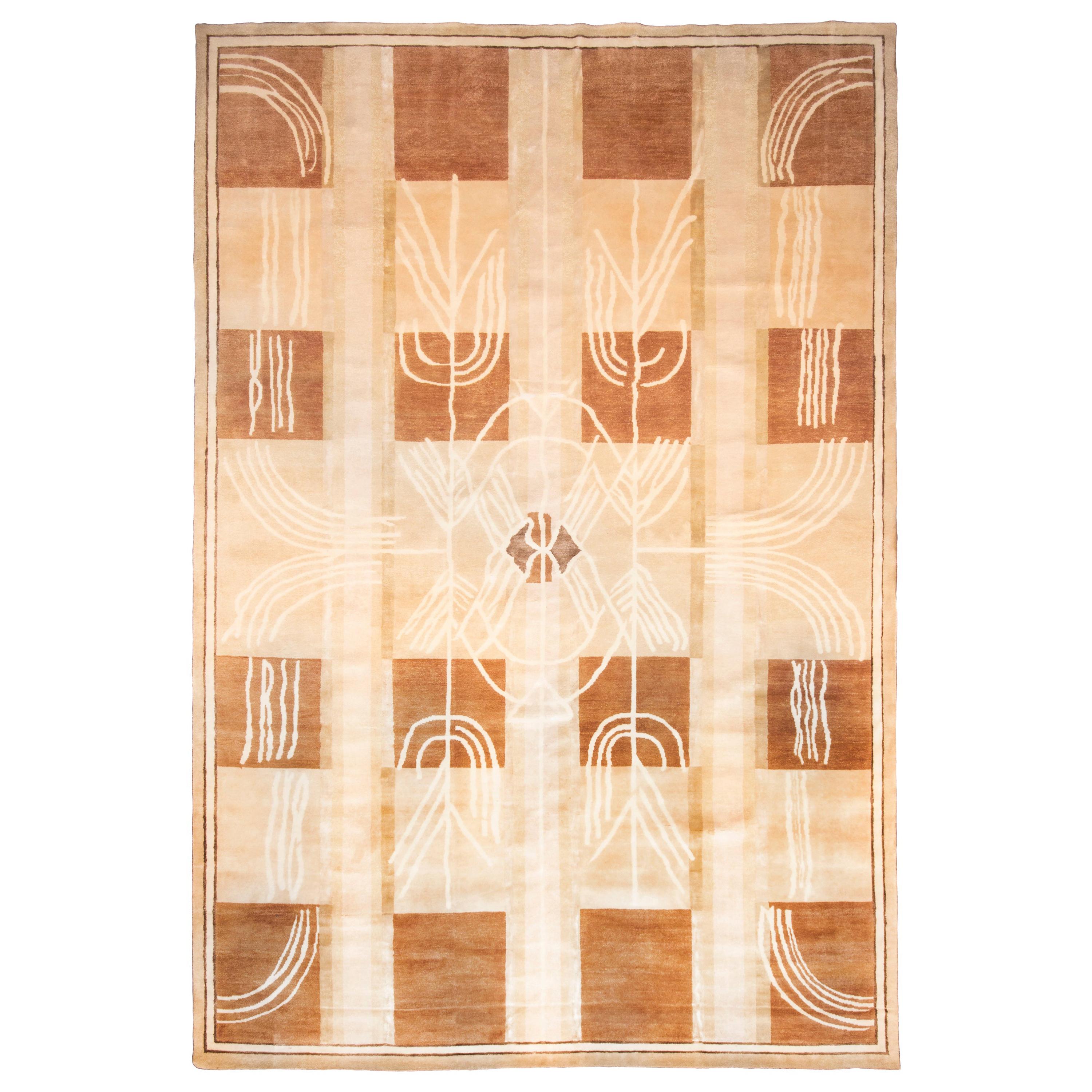 Rug & Kilim's Contemporary Art Deco Style Beige & White Wool Rug with Air Design For Sale