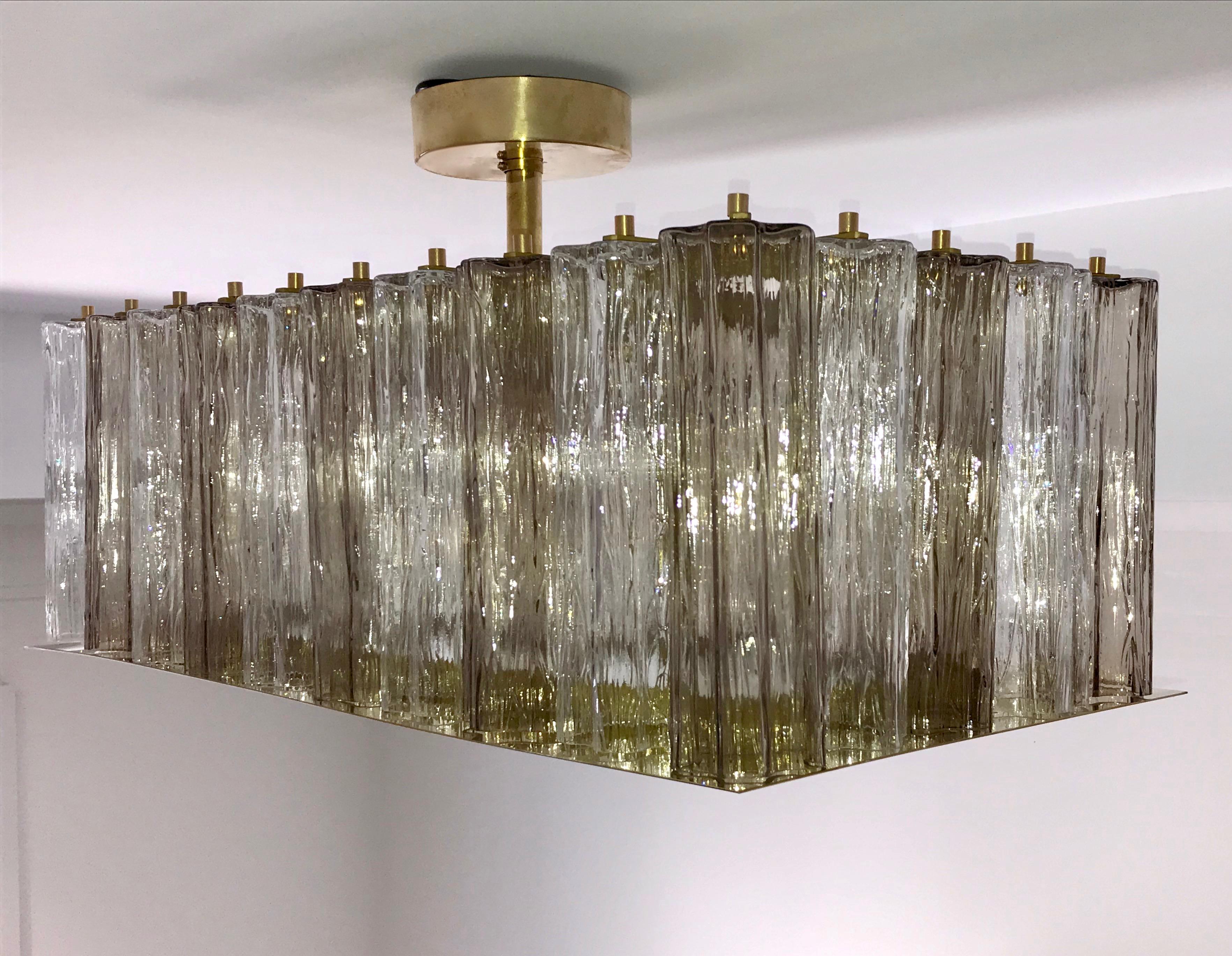 Hand-Crafted Contemporary Art Deco Style Italian Crystal Smoked Murano Glass Flush Chandelier For Sale