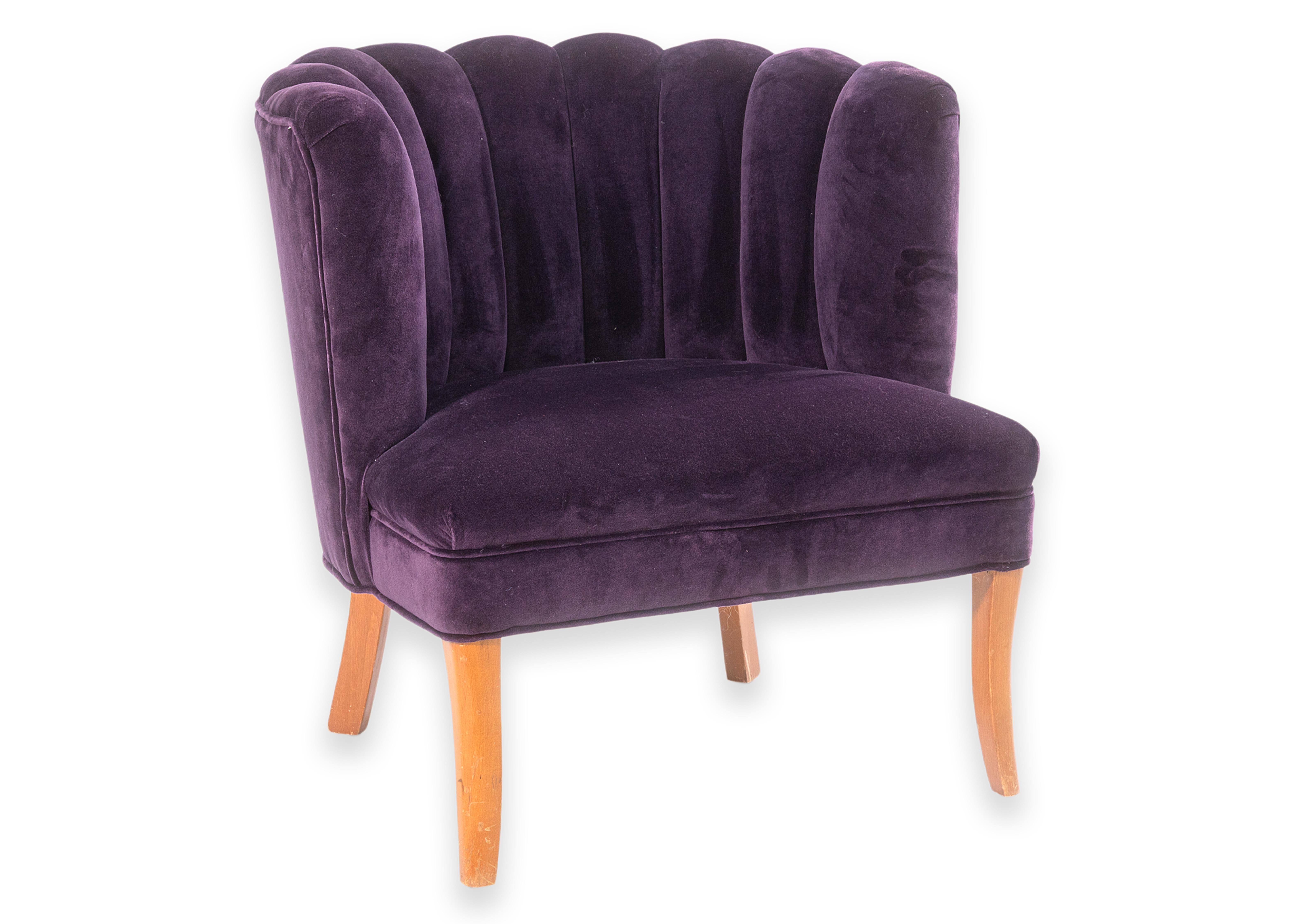 Sedia da salotto con schienale a canale in velluto viola in stile Art Deco contemporaneo in vendita 3