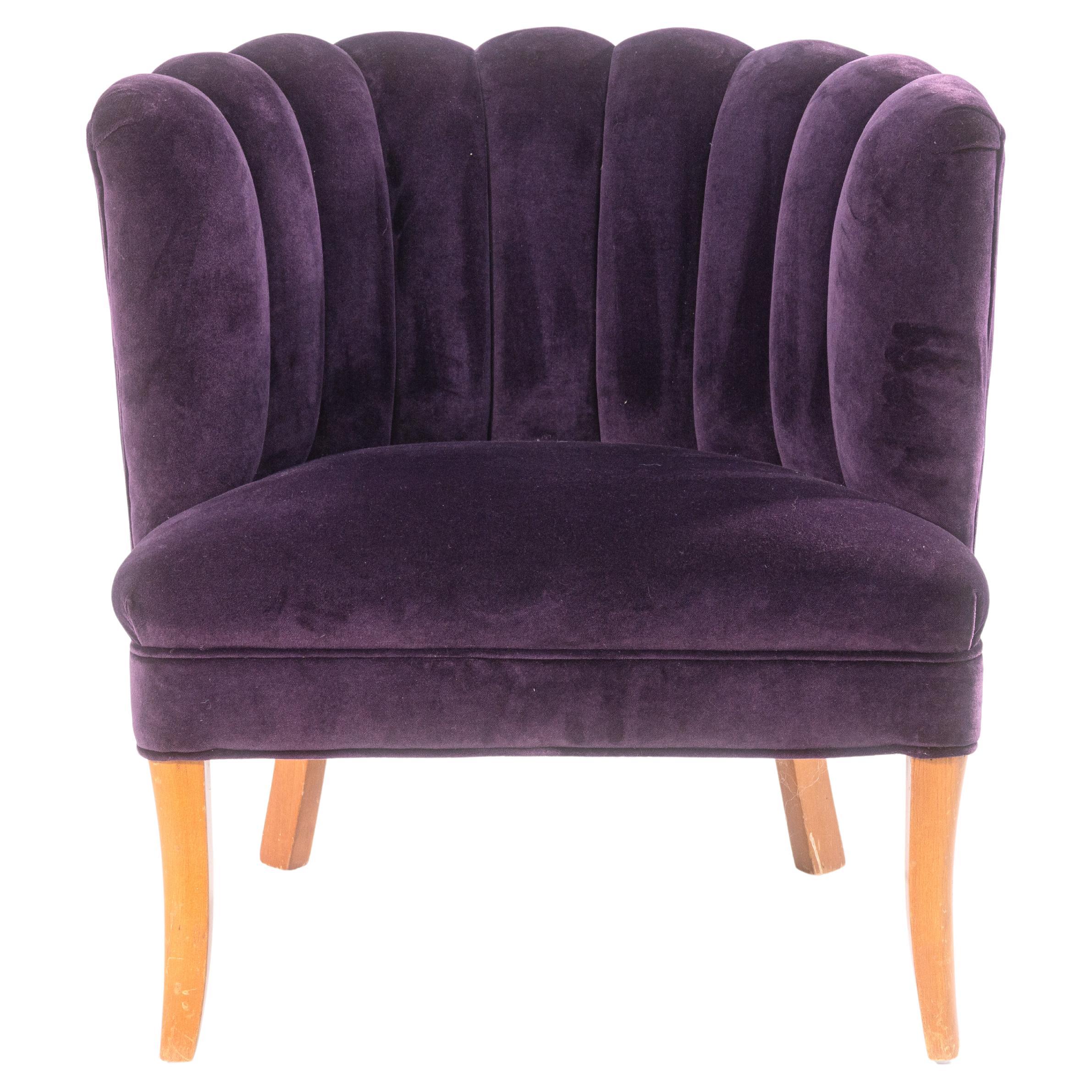 Contemporary Art Deco Style Purple Velvet Channel Back Accent Lounge Chair