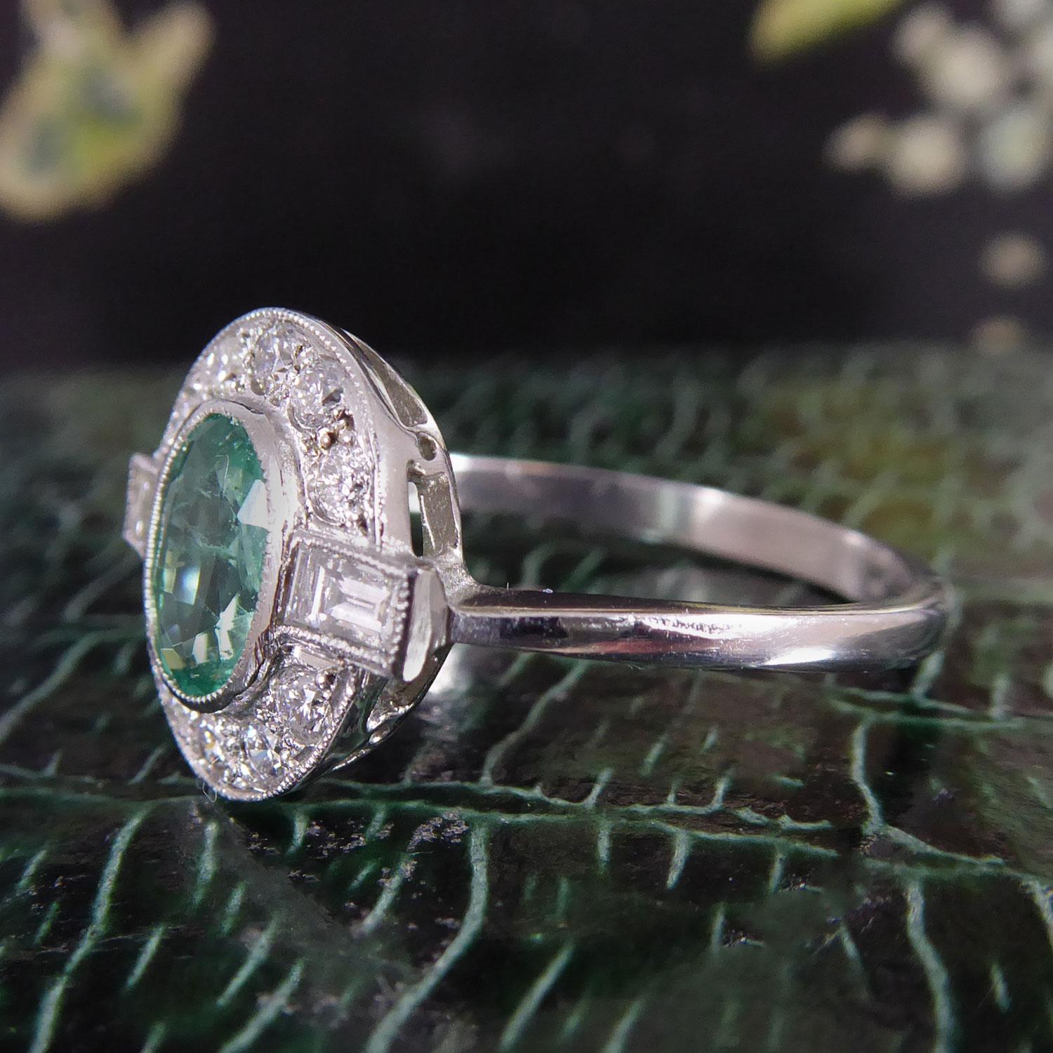 Mixed Cut Contemporary Art Deco Style Ring, Emerald and Diamond Cluster, Platinum Band