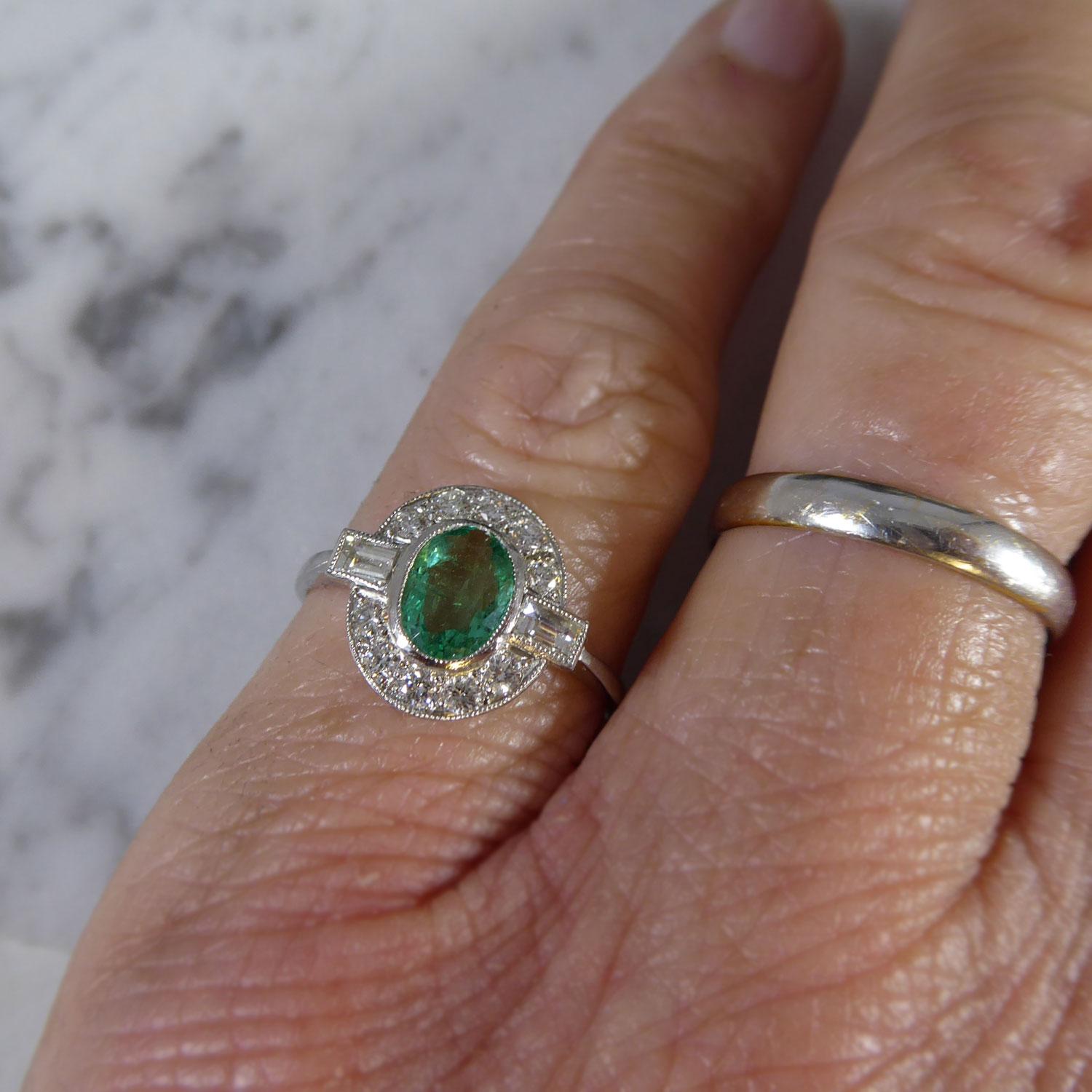 Women's Contemporary Art Deco Style Ring, Emerald and Diamond Cluster, Platinum Band