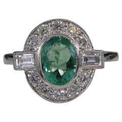 Contemporary Art Deco Style Ring, Emerald and Diamond Cluster, Platinum Band