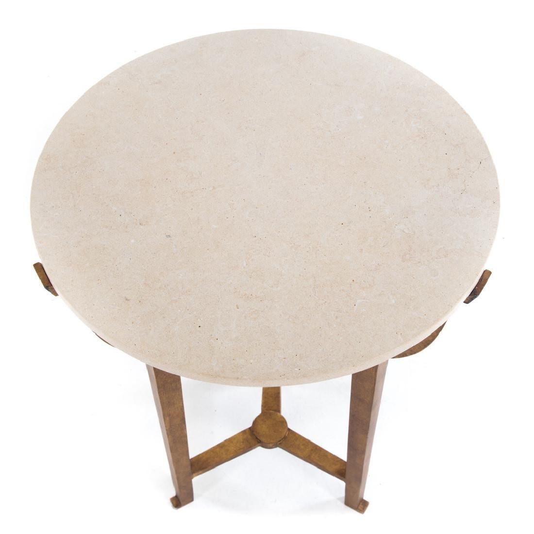 Contemporary Art Deco Style Round Side Table with Travertine Top and Gilt Base In Good Condition In Atlanta, GA