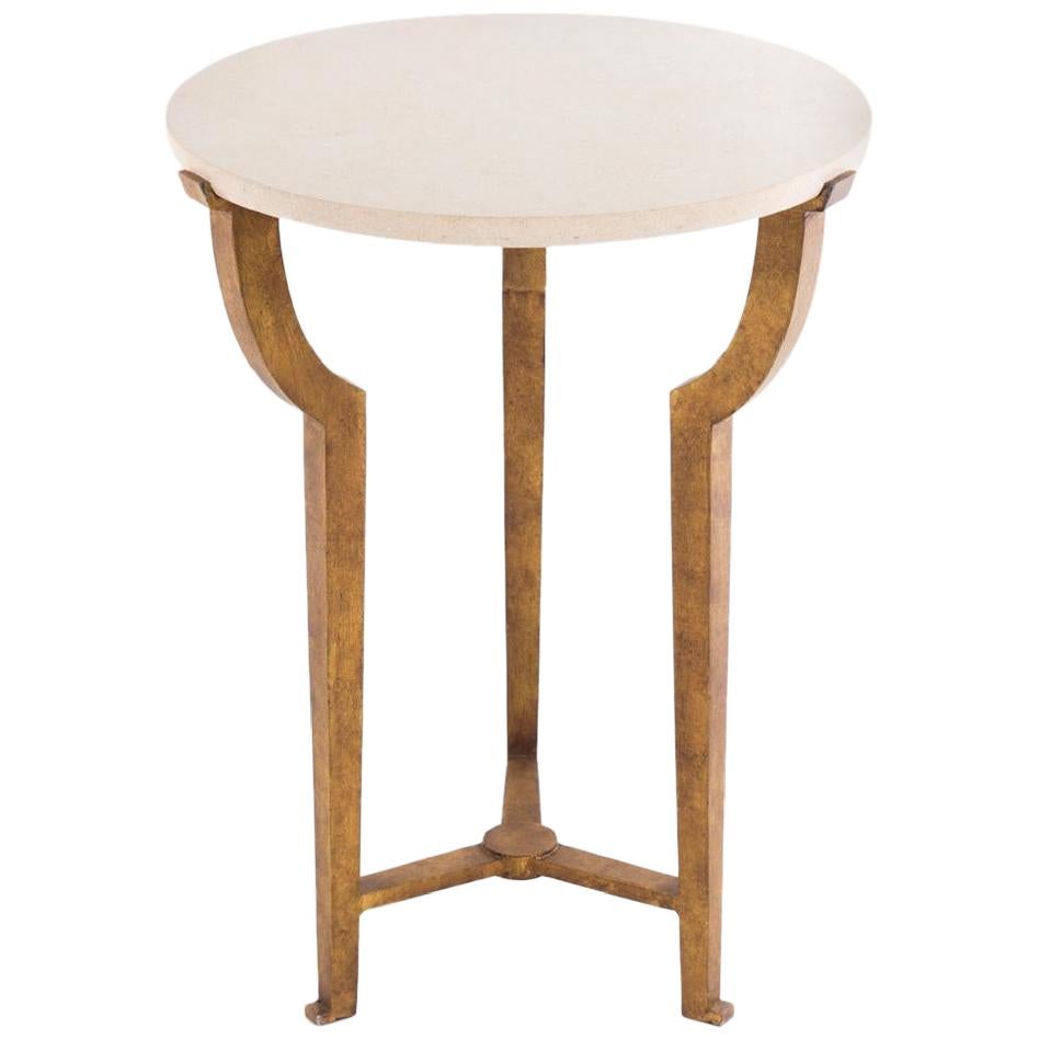 Contemporary Art Deco Style Round Side Table with Travertine Top and Gilt Base