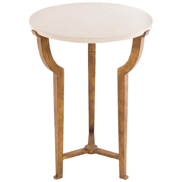 Contemporary Art Deco Style Round Side Table with Travertine Top and